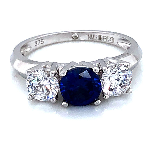 9ct White Gold  Synthetic Sapphire & CZ Trilogy  Ring GRS130