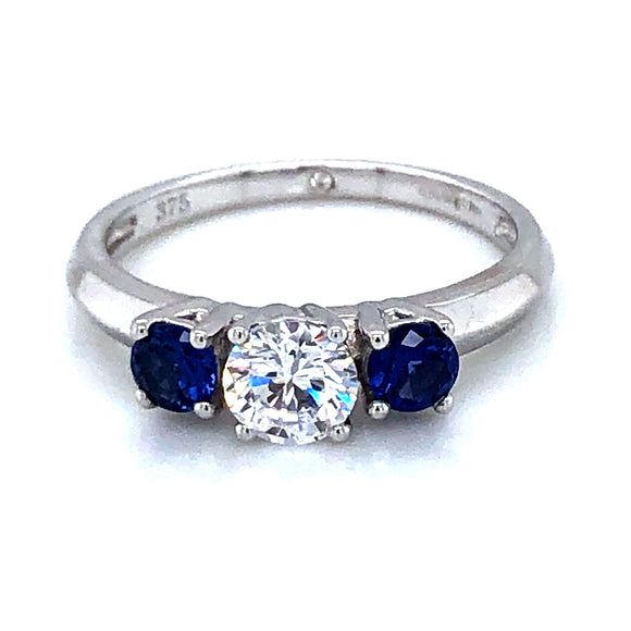 9ct White Gold  Synthetic Sapphire & CZ Trilogy  Ring