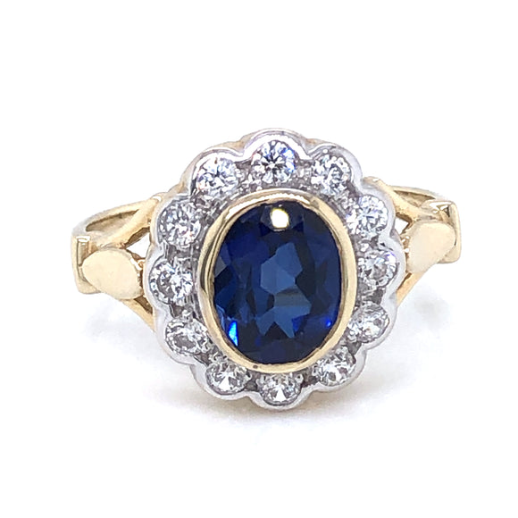 9ct Gold Synthetic Sapphire CZ Flower Cluster Ring GRS245
