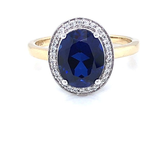 9ct Gold Created Sapphire & CZ Vintage Cluster  Ring GRS249