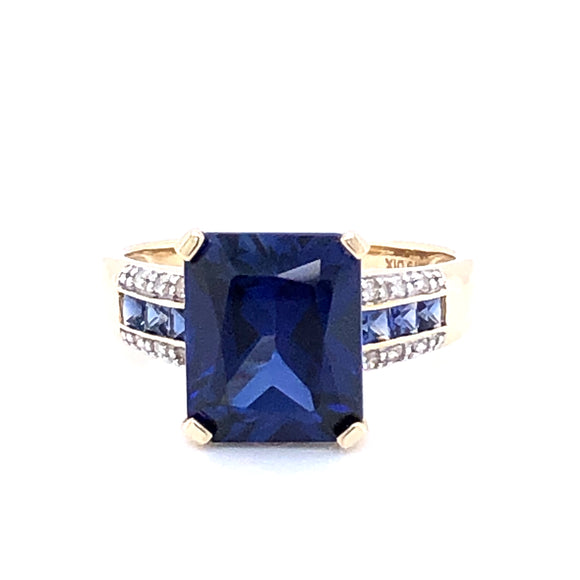 9ct Gold Created Sapphire & CZ Rectangular Ring