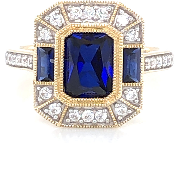 9ct Gold Created Sapphire & CZ Deco Style Ring GRS227
