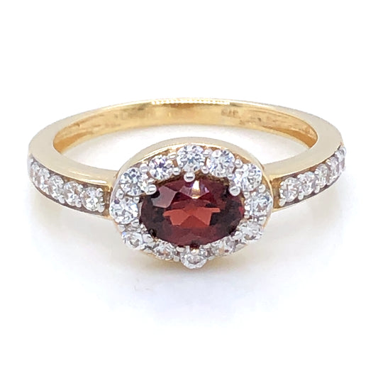 9ct  Gold Garnet & CZ Oval Halo Ring GRX112