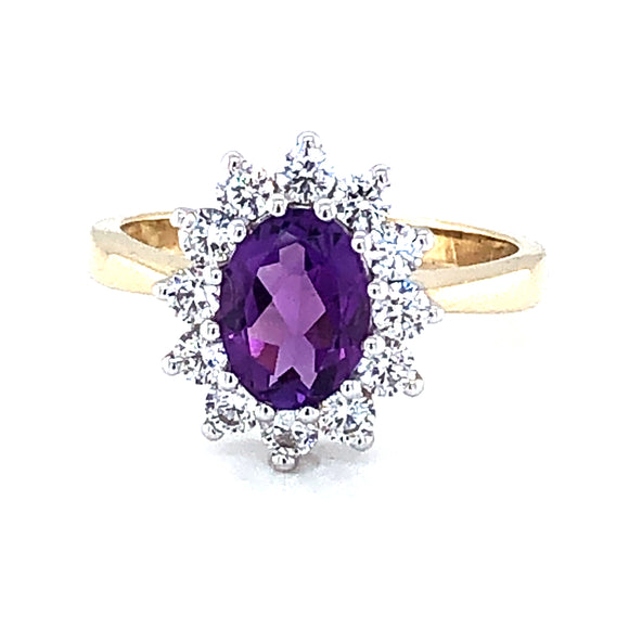 9ct Gold Amethyst & CZ Cluster Ring