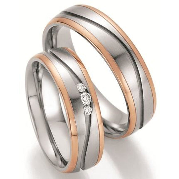 Steel Wedding Ring with 14K Rose Gold Stripes