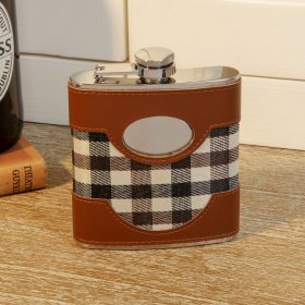 Steel 6oz Brown Chequer Leather Hipflask