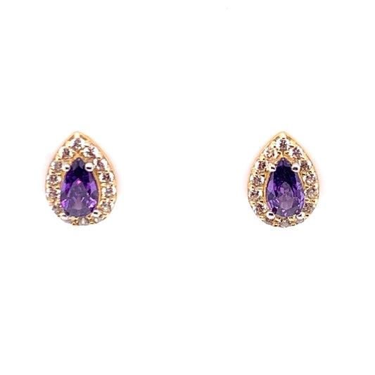 9ct Gold Amethyst & CZ Teardrop Cluster Stud Earrings