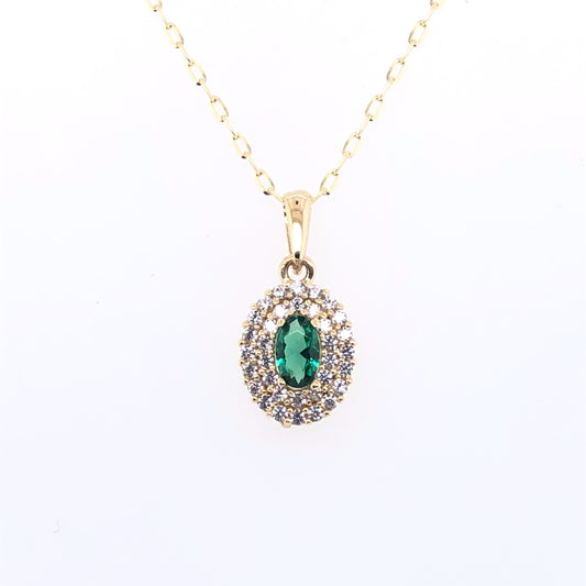 9ct Gold Emerald & CZ  Double Halo Pendant