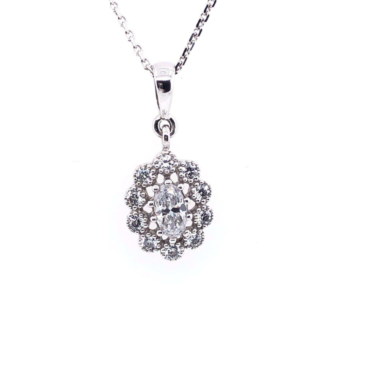 9ct White Gold CZ Oval Vintage Cluster Pendant