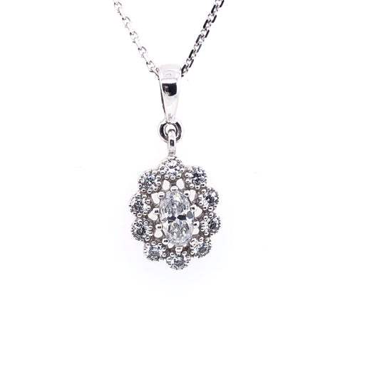 9ct White Gold CZ Oval Vintage Cluster Pendant