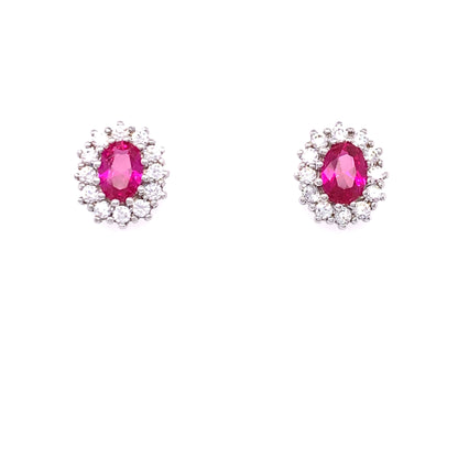 Sterling Silver Ruby CZ Oval Cluster Earrings