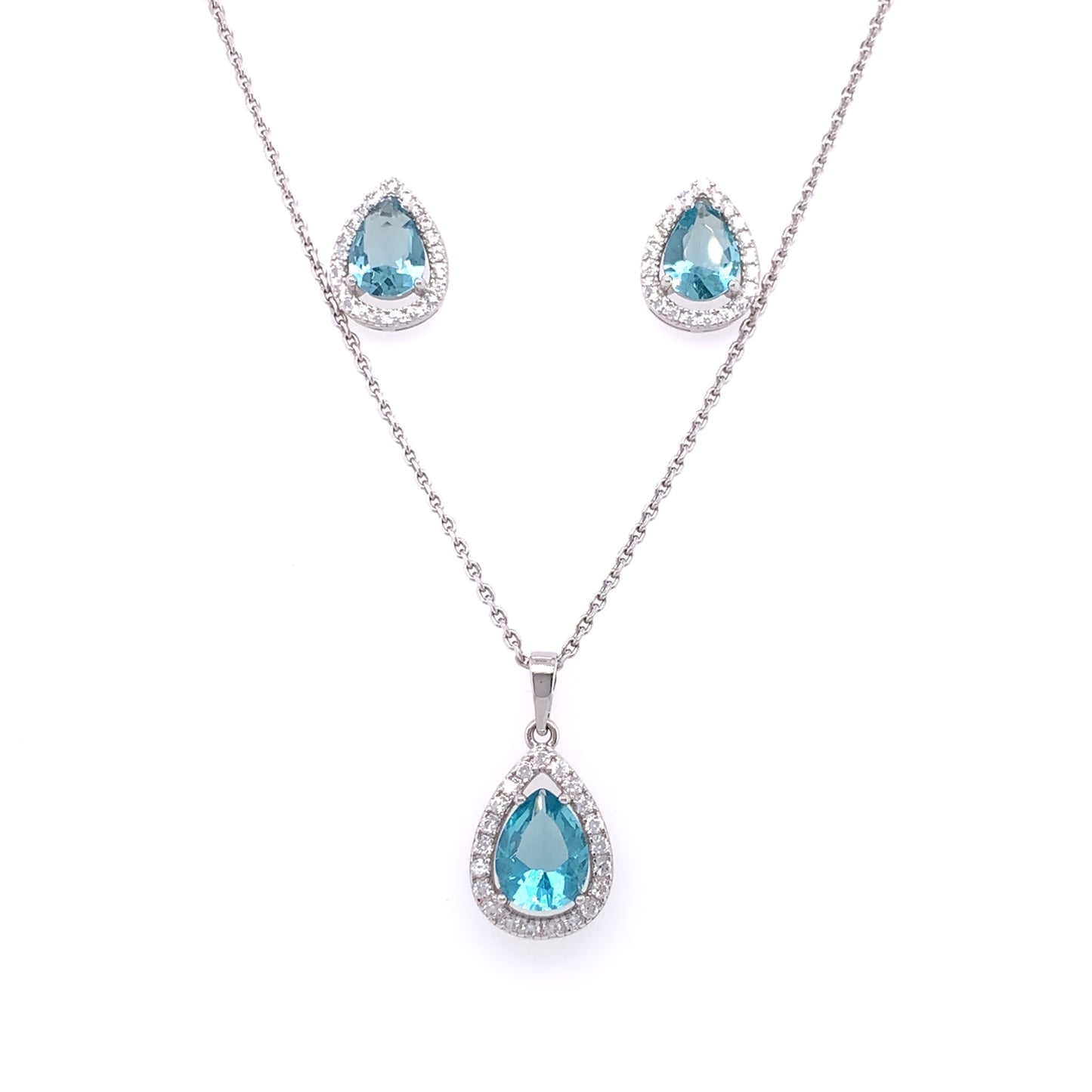 Sterling Silver Aqua CZ Teardrop Halo Pendant & Earring Set GL1173AQ