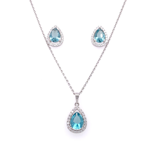 Sterling Silver Aqua CZ Teardrop Halo Pendant & Earring Set GL1173AQ