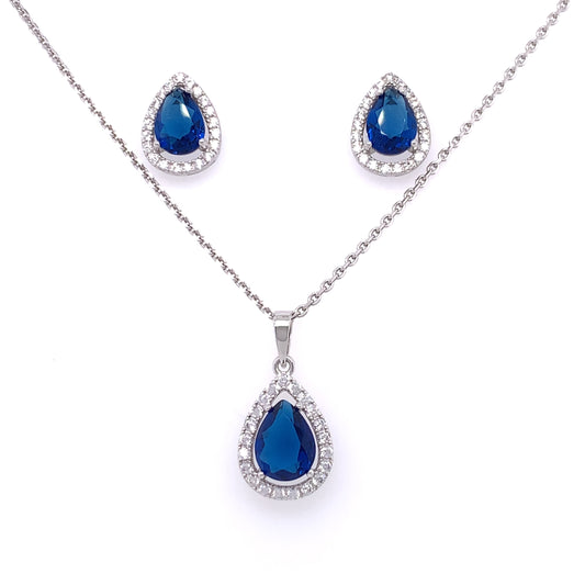 Sterling Silver Sapphire CZ Teardrop Halo Pendant & Earring Set