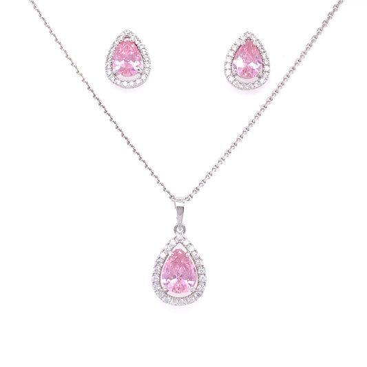 Sterling Silver Pink CZ Teardrop Halo Pendant & Earring Set GL1173PK