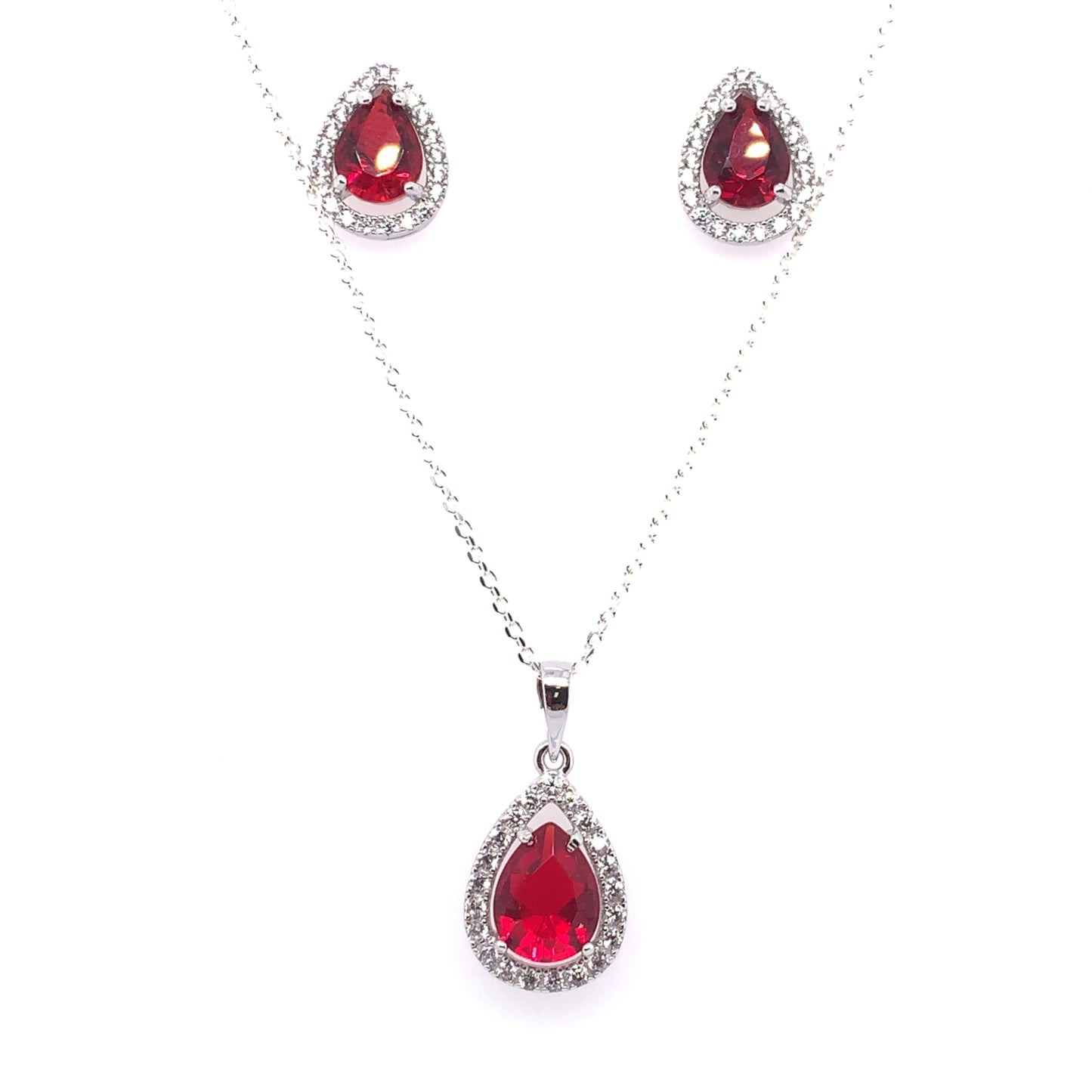 Sterling Silver Ruby CZ Teardrop Halo Pendant & Earring Set GL1173RD