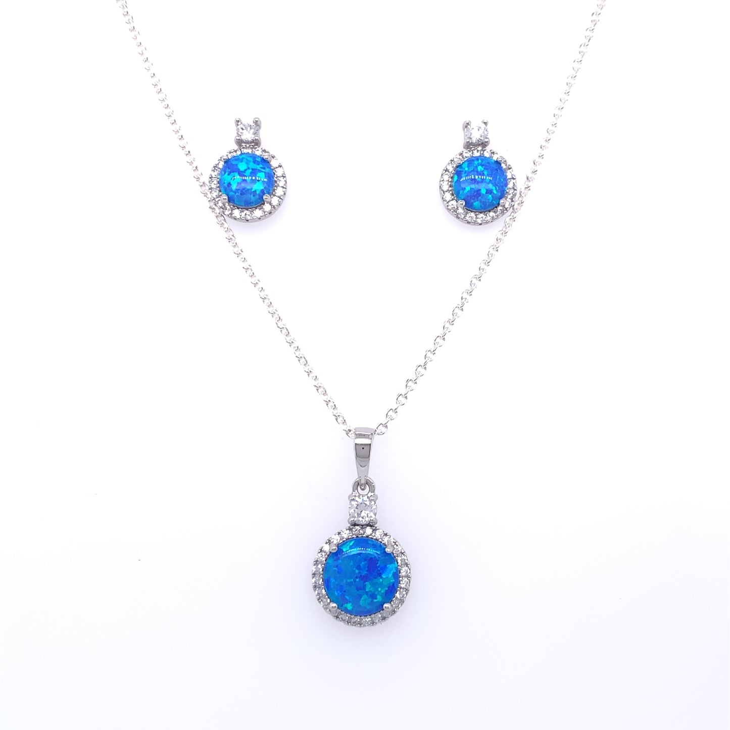 Sterling Silver Blue Opal CZ Halo Pendant & Earring Set GL1177