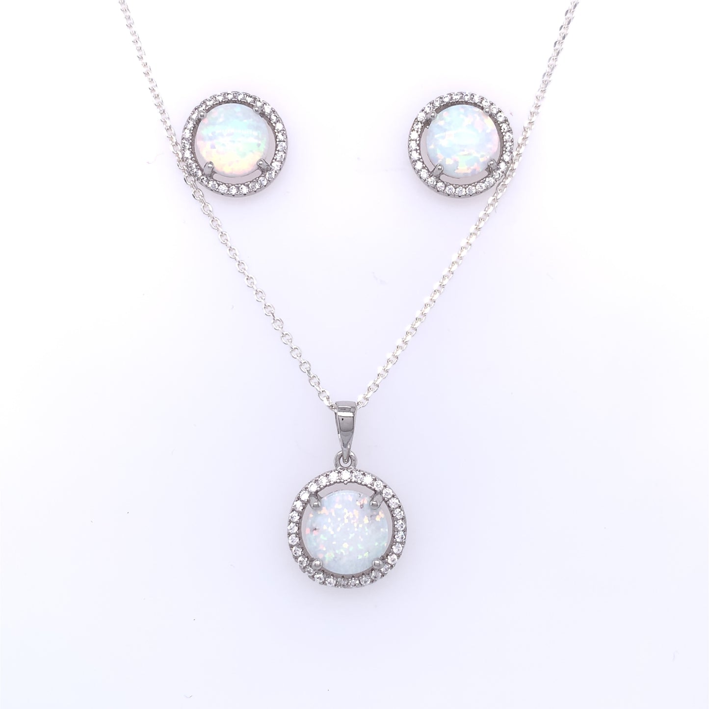 Sterling Silver Opal CZ Halo Pendant & Earring Set GL1178