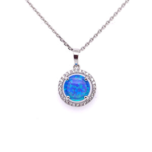 Sterling Silver Blue Opal CZ Round Halo Pendant