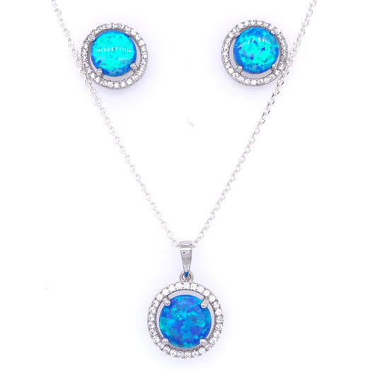 Sterling Silver Blue Opal CZ Halo Pendant & Earring Set GL1179