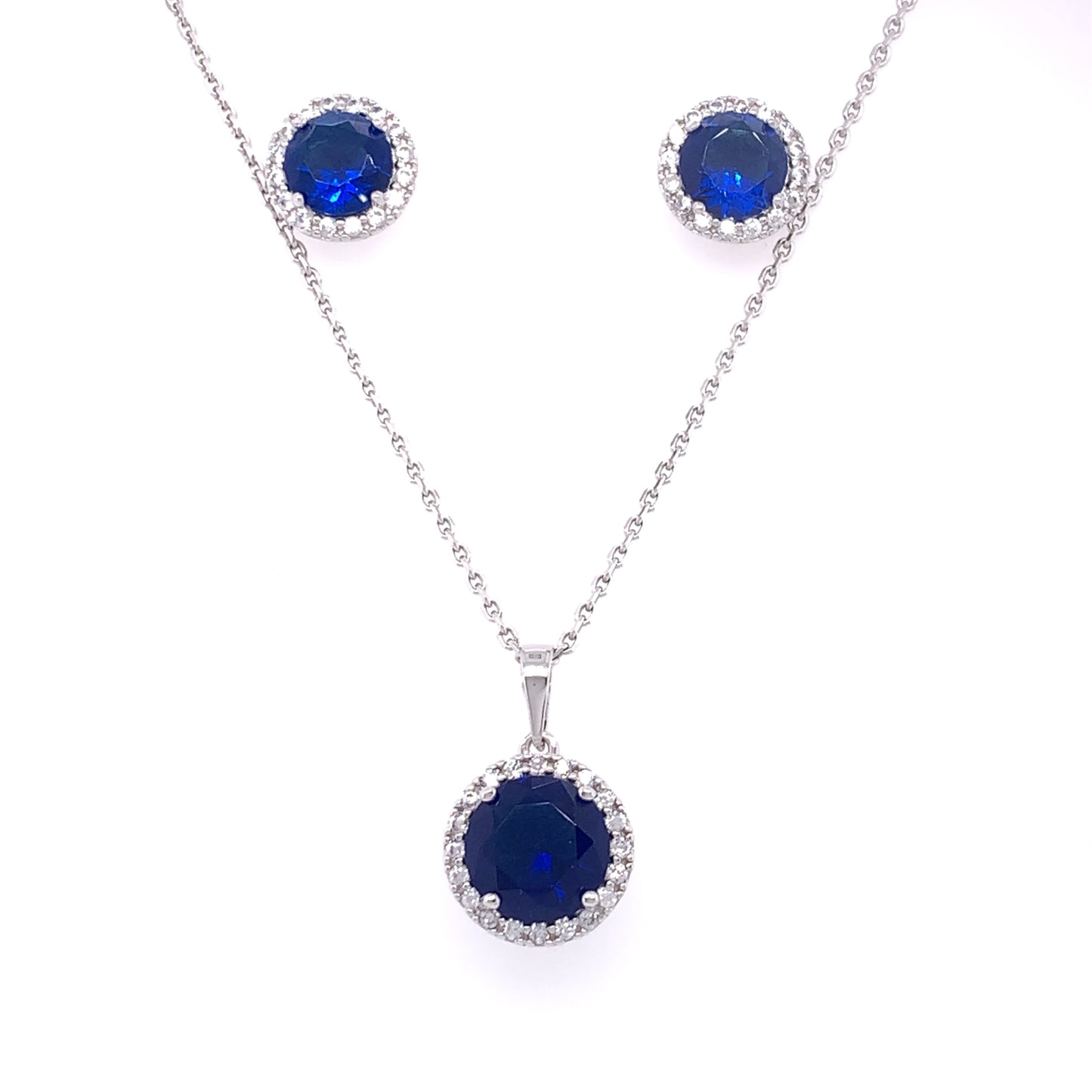 Sterling Silver Sapphire CZ Halo Pendant & Earring Set