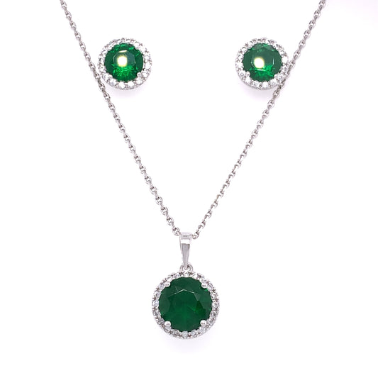 Sterling Silver Emerald CZ Halo Pendant & Earring Set GL1183GR
