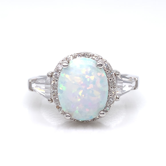 Sterling Silver Opal CZ Oval Halo Ring GL699