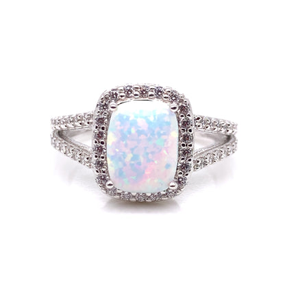 Sterling Silver Opal CZ Cushion Halo Ring GL700