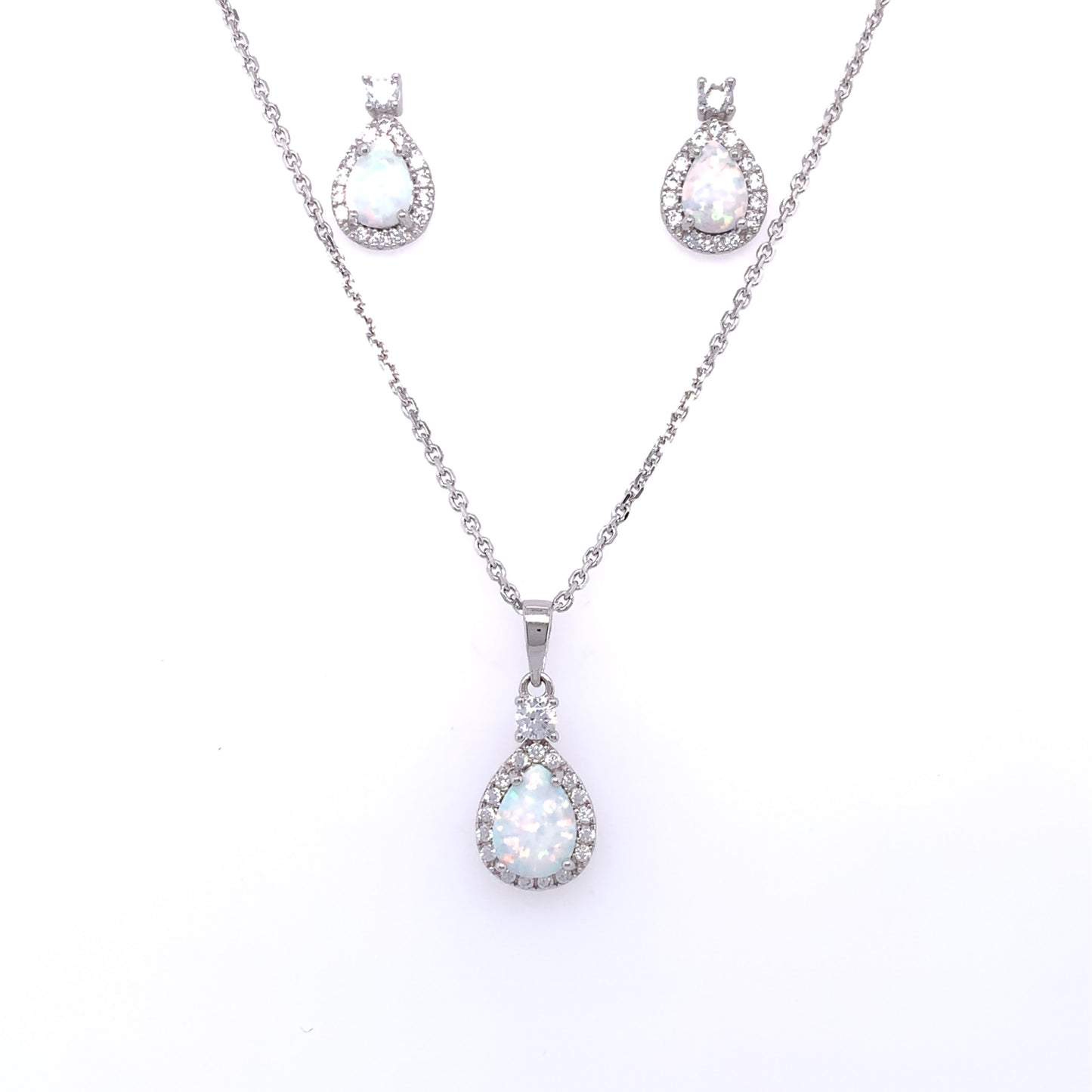 Sterling Silver Opal CZ Teardrop Halo Pendant & Earring Set GL848