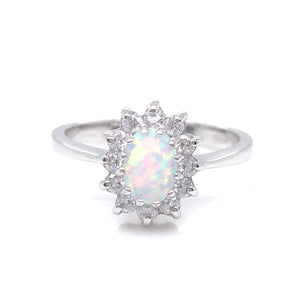 Sterling Silver Opal CZ Oval Cluster Ring GL849