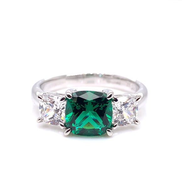 Sterling Silver Emerald Cushion CZ Ring