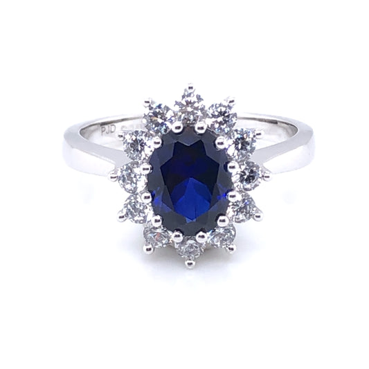 9ct  White Gold Created Sapphire & CZ Cluster Ring