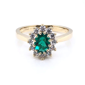 9ct Gold  Created Emerald & CZ Cluster Ring