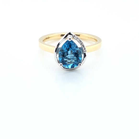 9ct Gold Blue Topaz Pear & Diamond Ring