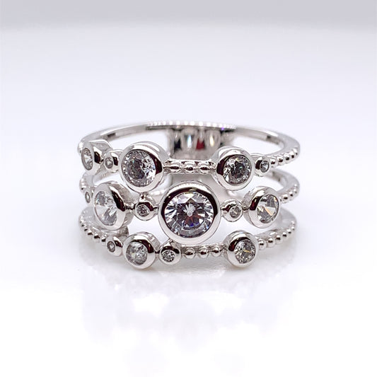 9ct White Gold CZ Three Row Bubbles Ring