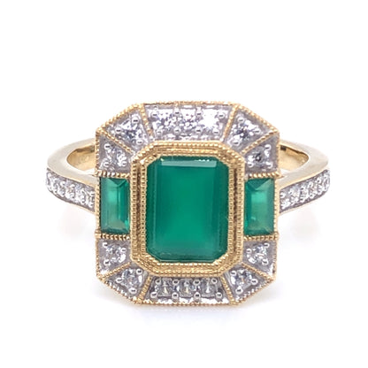 9ct Gold Green Agate & CZ Deco Style Ring GRE131