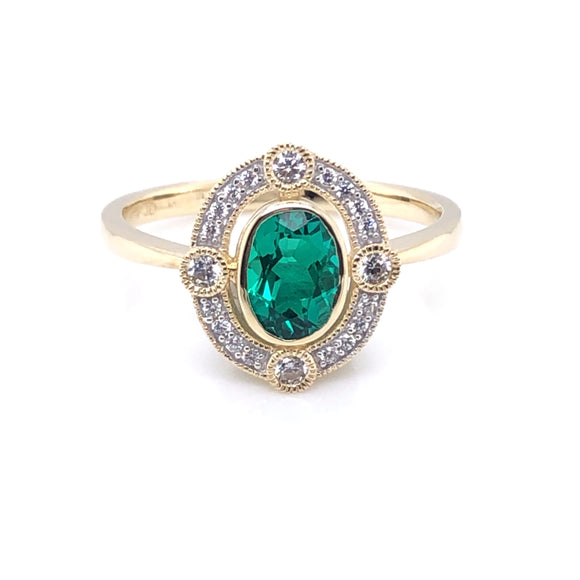 9ct Gold  Created Emerald & CZ Vintage Style Ring