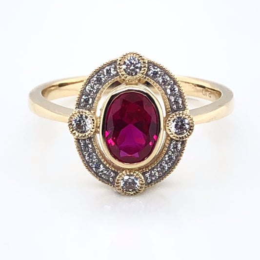 9ct Gold  Created Ruby & CZ Vintage Style Ring