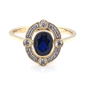 9ct  Gold Created Sapphire & CZ Vintage Style Ring
