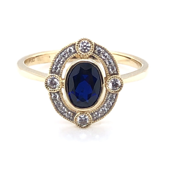 9ct  Gold Created Sapphire & CZ Vintage Style Ring GRS 250