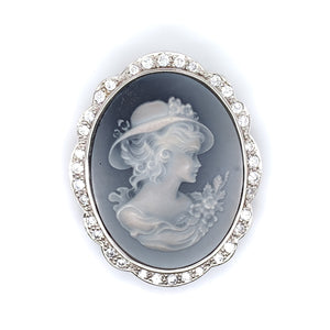 Sterling Silver Blue Agate Cameo "Girl with Hat"  Brooch