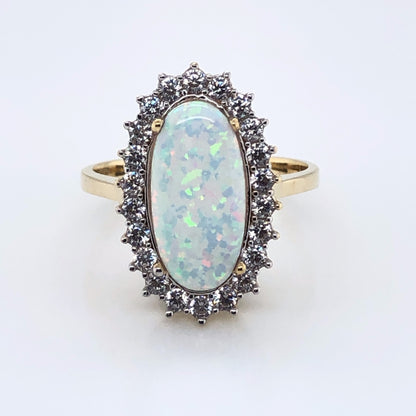 9ct  Gold  Created Opal & CZ Oblong Cluster Ring