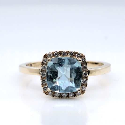 9ct Gold Aquamarine & Diamond Cushion Halo Ring