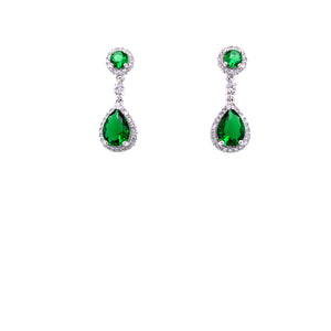 Sterling Silver Emerald CZ Halo Teardrop Earrings