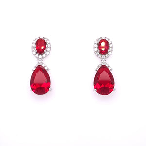 Sterling Silver Ruby CZ Oval Halo Teardrop Earrings