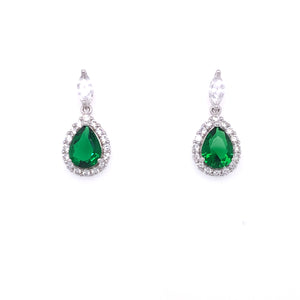 Sterling Silver Emerald CZ Marquise Halo Teardrop Earrings