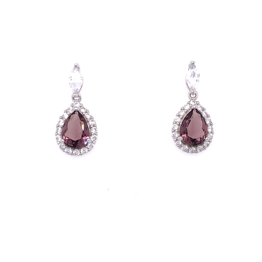 Sterling Silver Amethyst CZ Marquise Halo Teardrop Earrings