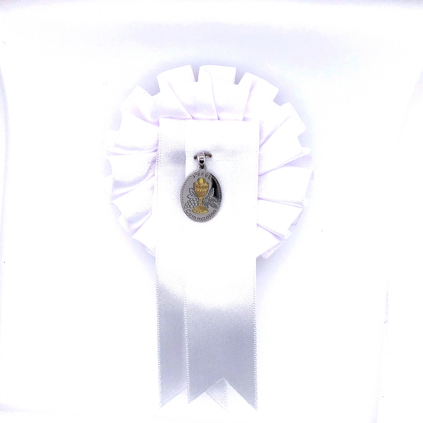 Sterling Silver Oval Communion Medal with White Rosette SM101/R