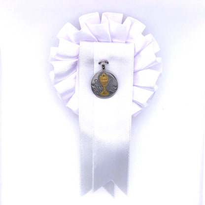 Sterling Silver Round Communion Medal with White Rosette SM103/R