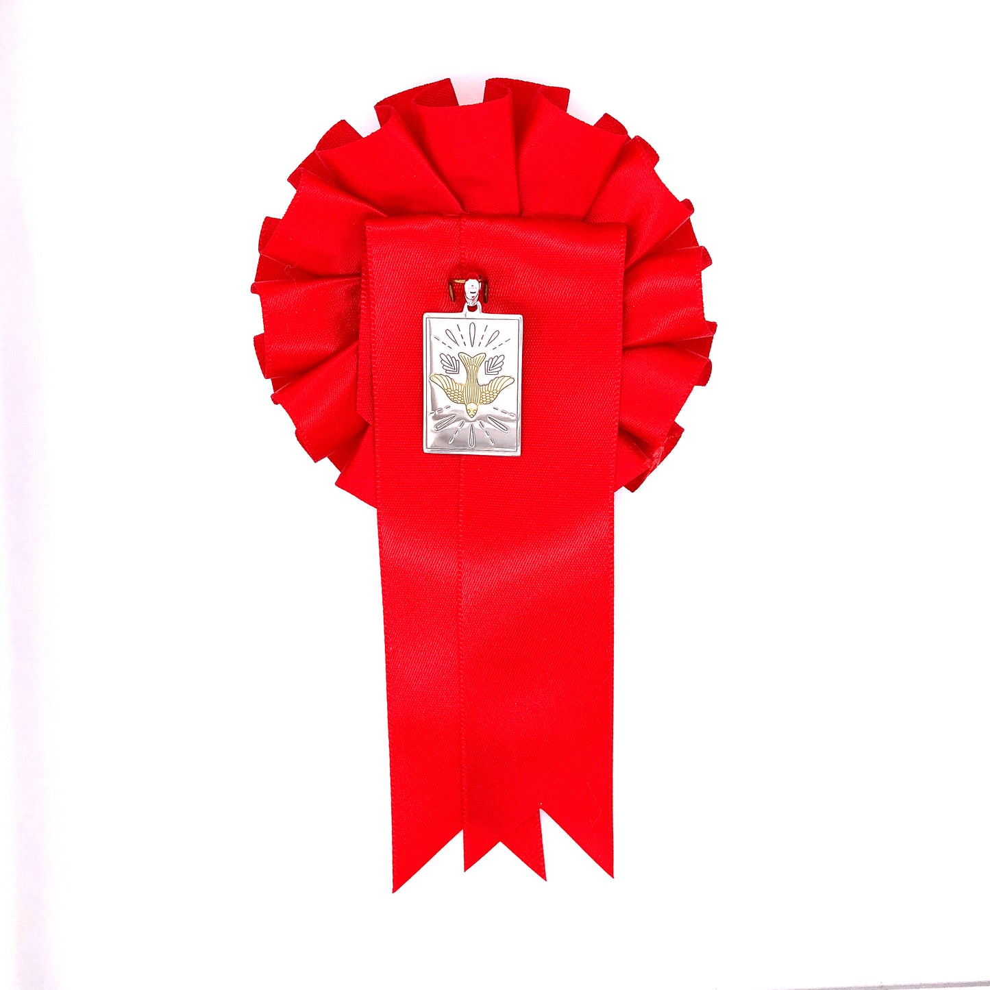 Sterling Silver Rectangular Confirmation Medal with Red Rosette